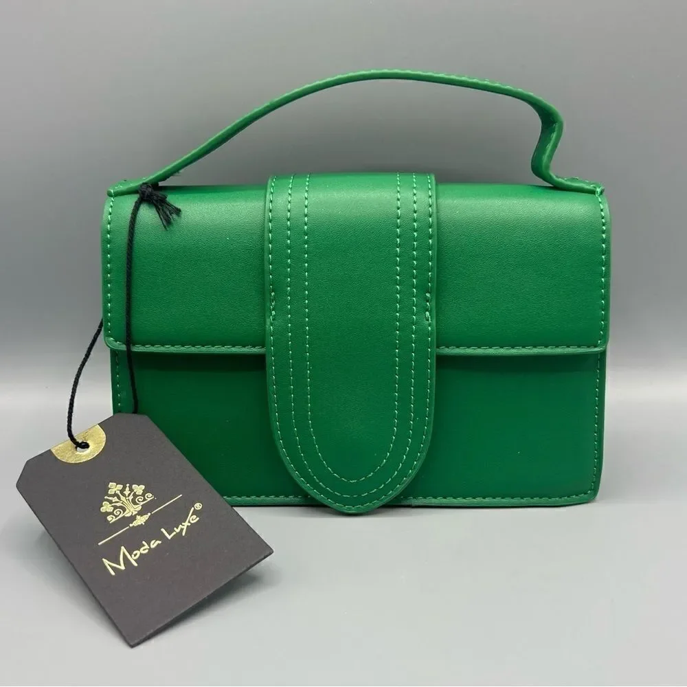 Moda Luxe Elizabeth Crossbody Bag Green Faux Leather Top Handle Chain Strap